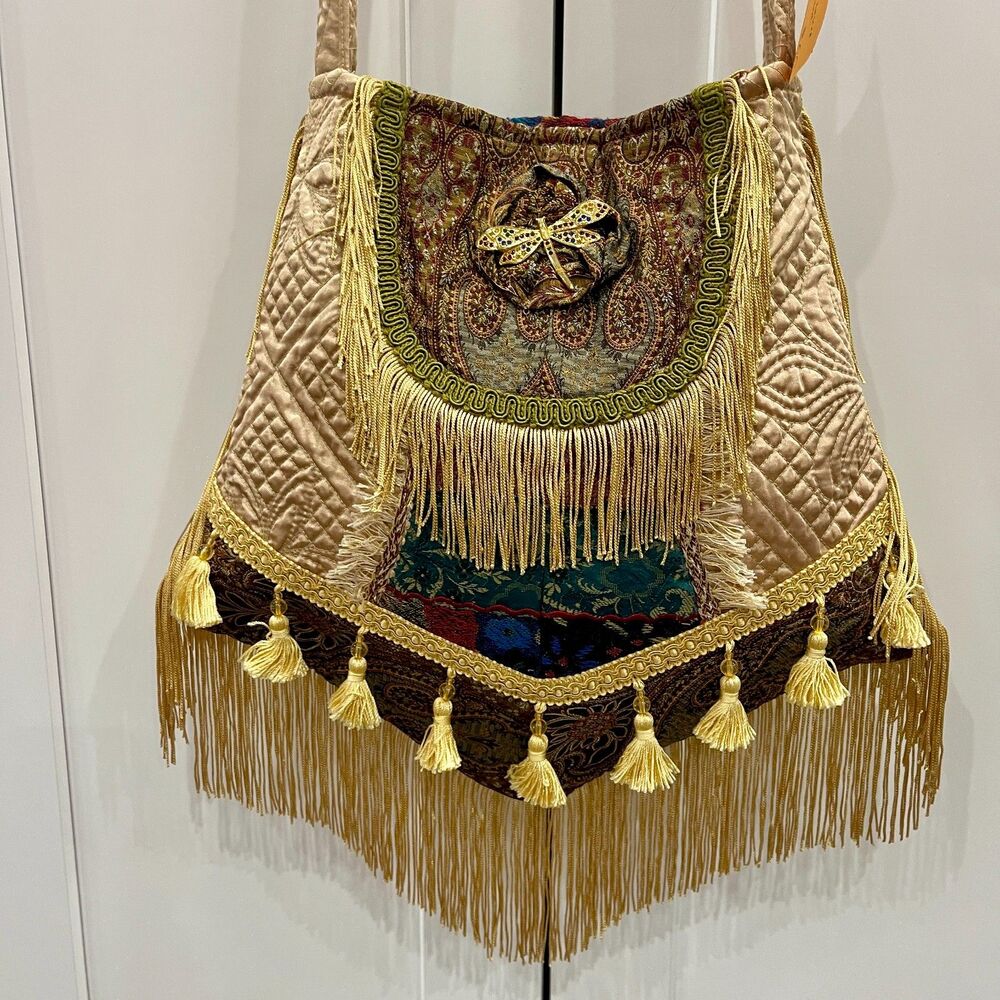 Champagne &  Multi Eclectic Handmade Boho Fringed Crossbody Bag